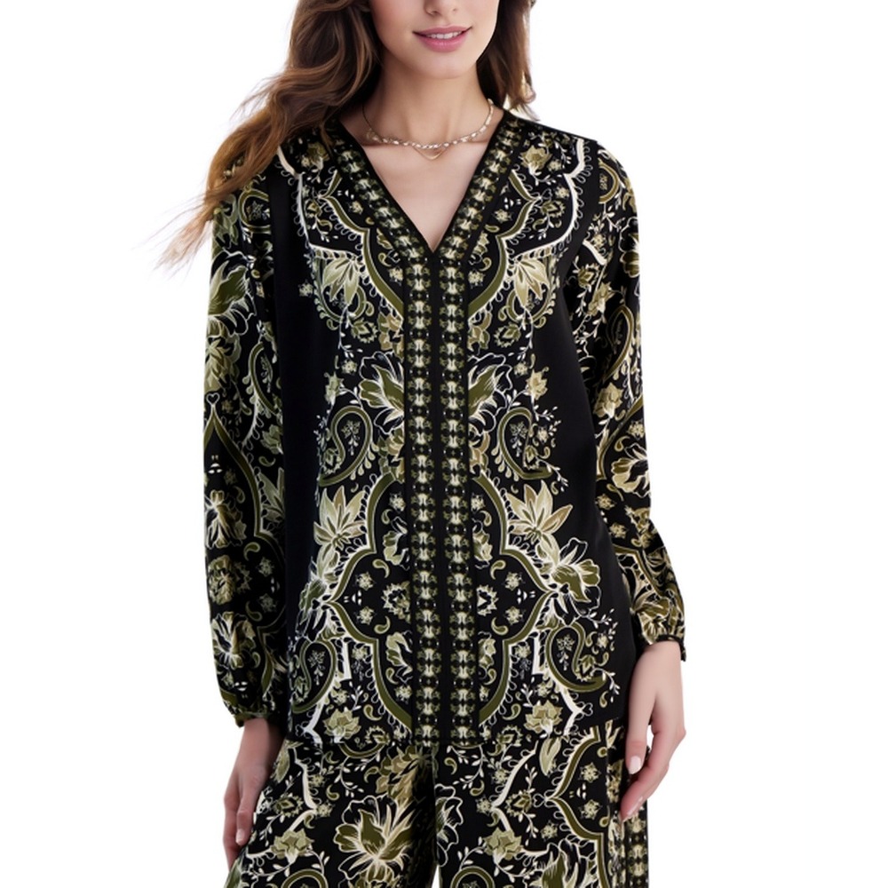 JM Collection Paisley Tunic Top Womens XL Black/Green Boho‎ Chic Coastal NWT